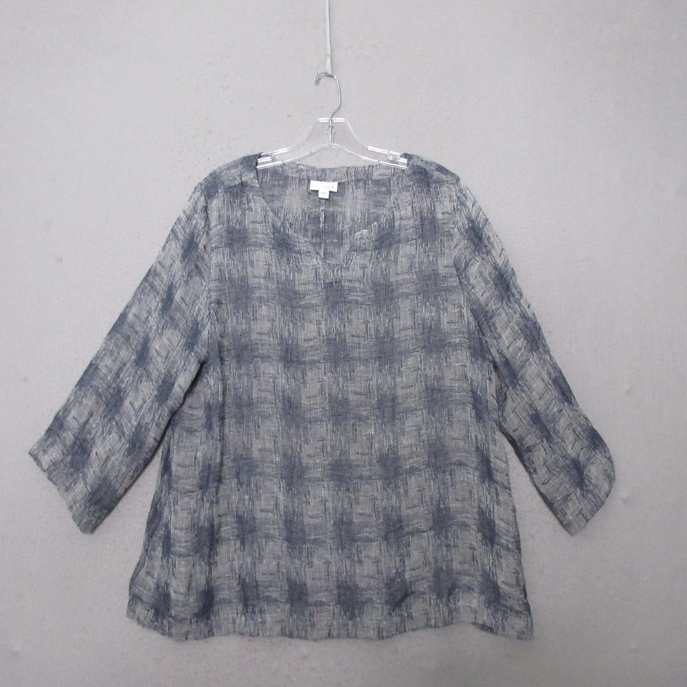 Pure Jill J Jill Blouse L Blue Gray Linen Blend Gauze Lagenlook Beachy Coastal